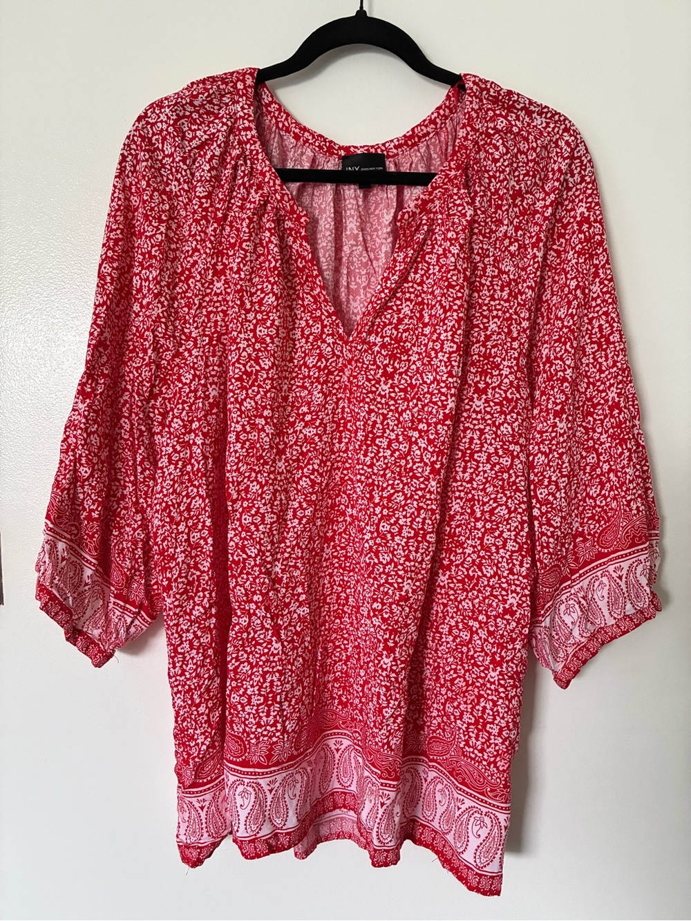 Jones New York Red Floral Border Peasant Blouse